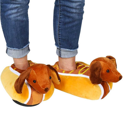 Unisex Weiner Dog Slippers - Funny Plush Dachshund House Shoes